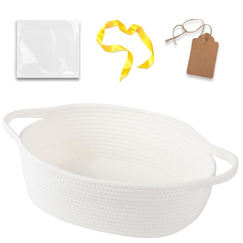 Image of OIAHOMY Small Woven Basket with Gift Bags, Ribbons & DIY Label Card, Baskets for Gifts Empty, Small Rope Basket 13.4 * 10 * 5.5IN, Cute Decorative baskets with Handles for Baby Pets, Toys, White