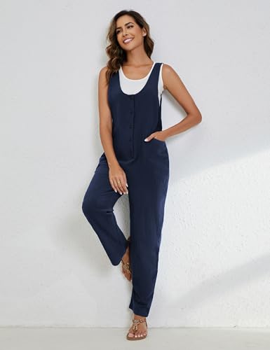 Image of Yeokou Womens Overalls Linen Cotton Jumpsuits Loose Casual Jumpers with Pockets