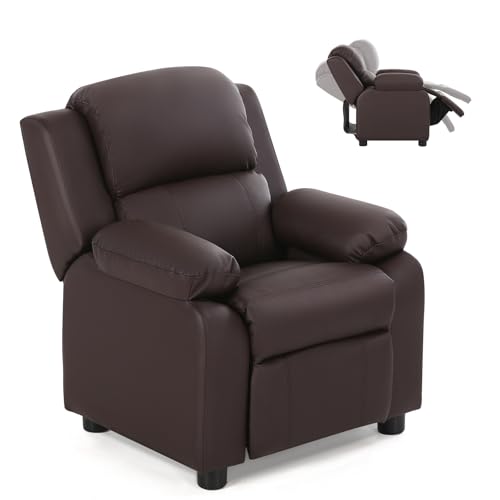 Costzon Kids Recliner, Leather Recliner Chair w/Footrest, Armrest Storage, Headrest & Lumbar Support, Ergonomic Lounge Chair for Living & Gaming Room, Adjustable Recliner Sofa for Boys Girls (Brown)