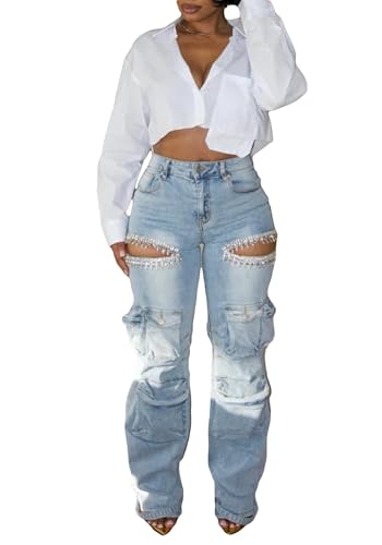 LAJIOJIO Womens Rhinestone Cargo Jeans Baggy High Waisted Bling Cut Out Denim Pants with Flap Pockets