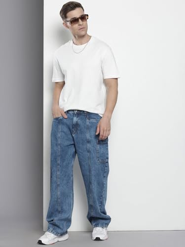 Image of The Indian Garage Co Men Loose Baggy Relaxed Fit Solid Mid-Rise Jeans