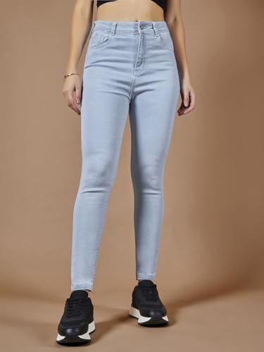 Image of Miss Chase Women's Skinny High Rise Cropped Fringed Hemline Detailing Stretchable Denim Jeans