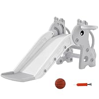 AIYAPLAY 3 in 1 Kids Slide, Giraffe Shape Toddler Slide with Climber, Basketball Hoop and Ball, Indoor Playground Equipment for Age 1-3, Grey