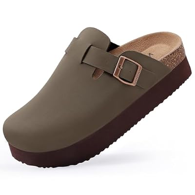 KIDMI Women's Platform Clogs Leather Mules Cork Footbed Potato Shoes