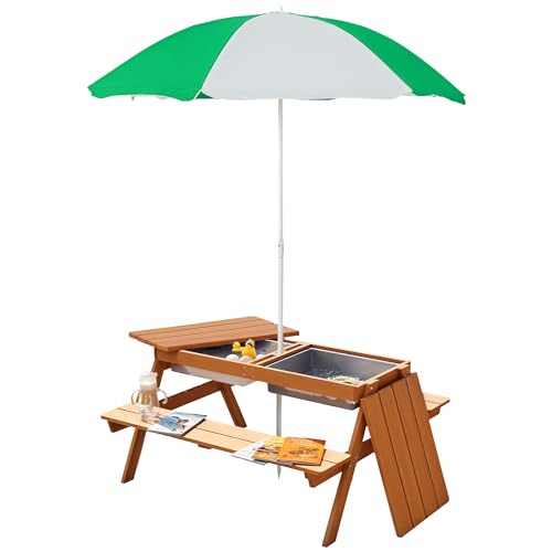 Outsunny Kids Picnic Table with Umbrella and Storage Inside, Sand and Water Table, Kids Outdoor Furniture, Wooden Bench Backyard Furniture for Garden, Patio, or Balcony
