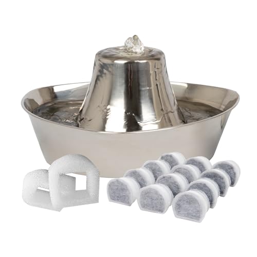 Image of Seaside Stainless Pet Fountain with Extra 12-Pack of Carbon Filters and | 60 Oz Capacity, 360-Degree Flow, Triple-Filter with 2.5x More Activated Carbon, Scratch /Rust-Resistant Stainless Steel