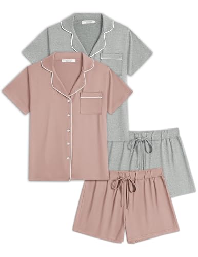 Image of Ekouaer Womens Pajamas Set 2 Pack Button Down Summer Sleepwear Short Sleeve Comfy Pjs Loungewear Set