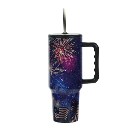 Bioworld Americana 40 Oz. Vacuum Insulated Stainless Steel Tumbler with Leak-Proof Lid & Handle, Patriotic Fireworks & American Flag Design for 4th of July or Everyday Travel