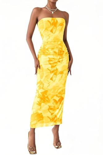 Women's Strapless Tube Top Dress Summer Tie Dye Floral Bodycon Wedding Guest Maxi Slit Dresses Vacation & Party Club