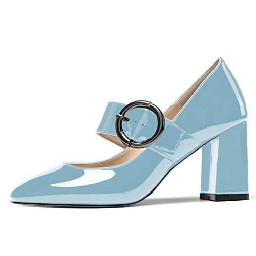 Wayderns Women's Light Blue Buckle Mary Jane Square Toe Patent Leather Block High Heel Adjustable Strap 3 Inch Pumps Shoes Size 7.5 - Zapatos De Mujer Tacon #TOP1