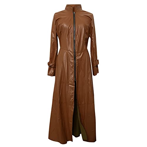 Inesver Womens Leather Long Sleeve Jacket Dress Full Zipper Leather Long Jacket Coats Fashion Lapel Collar Outwear Brown #TOP2