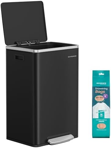SONGMICS Mülleimer 50 L, Stahl, mit Deckel, Softclose, 15 Müllsäcke | Herausnehmbarer Inneneimer aus Kunststoff, Griffe, Tintenschwarz, Pary Kollektion LTB595B02