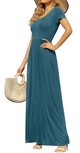 Image of DB MOON Womens 2026 Casual Summer Maxi Dresses Short Sleeve Empire Waist Spring Long Dress with Pockets(Turquoise, XL)