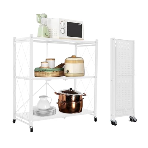 devesanter Folding Shelf 3 Tiers Large Capacity Foldable Storage Shelves Shelving Unit for Kitchen Living Room Kitchen Shelves on Wheels Pantry Shelves （white）