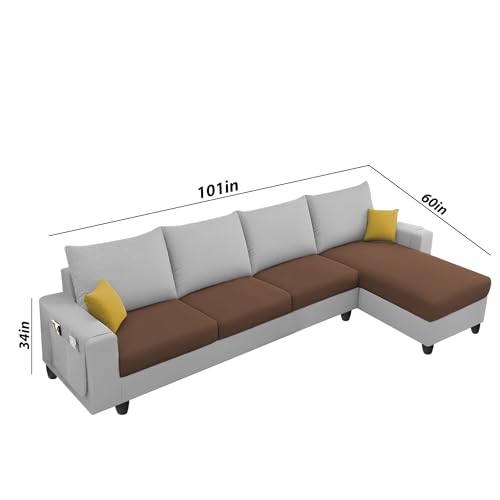 Image of Casaliving Porto RHS 4 Seater L Shape Sofa Set for Living Room (Brown Grey Fabric) Premium Velvet Fabric Sofa Set