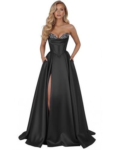 Lxhome Black Strapless Prom Dresses for Women Corset Sequin Evening Dress Long Satin Formal Ball Gowns with Slit Pockets 2026 Black Size 16