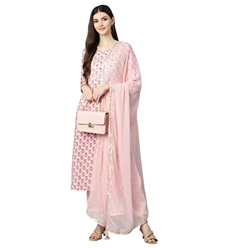 Image of Divena Pink Cotton Straight Kurta Pant Set With Dupatta