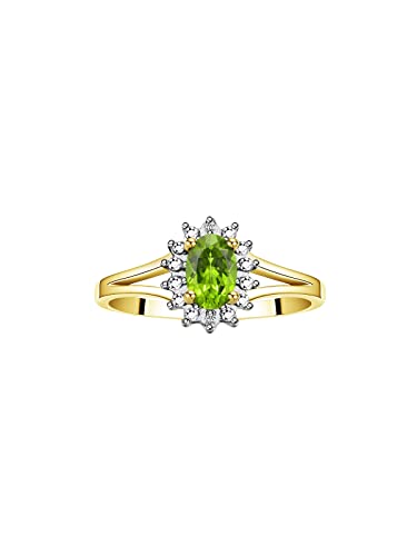 Image of Rylos Halo Ring: Diamond Birthstone with 6X4MM Oval Gemstone - Women's Jewelry in Yellow Gold Plated Silver - Stunning Diamond Ring Sizes 5-10