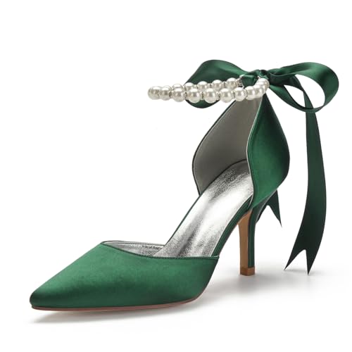 Image of Women's Pearl White Wedding Shoes for Bride High Heels Pointed Toe Bridal Shoes Satin Prom Party Dress Pumps Sandals
