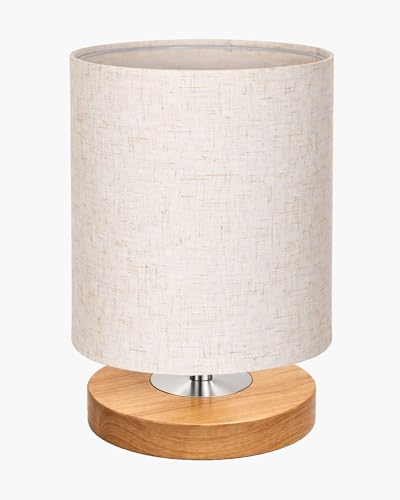 Image of Homesake Small Pine LED Table Lamp-Wooden Bedside Lamp Simple Bedroom Light Linen Shade Mini Desk Lamp Nightstand Lamps for Bedroom, Living Room, Gift, (Clip Khadi Shade)