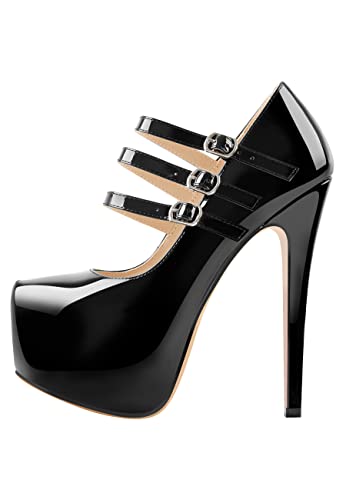 onlymakerheels 15cm Platform Round Toe Patent High Heel Stiletto Ankle Strap Pumps Black Size8