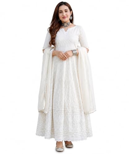 ANUYA Women Chikankari Anarkali Kurti Set 100% Cotton Embroidered Indian Dress for Wedding Festival & Parties (US Alpha Large Regular Regular White)