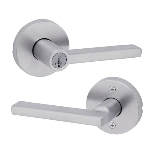 Kwikset Halifax Keyed Storeroom Entry Door Handle with Lock and Key Secure Keyed Reversible Lever Exterior for Front Entrance and Bedrooms Satin Chrome Pick Resistant Smartkey Rekey Security
