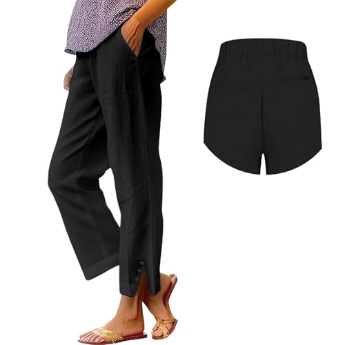 Cotton Linen Pants Women Casual Plus Size High Waisted Pants Solid Straight Legs Elastic Trousers with Pockets