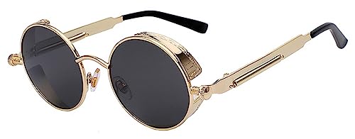 Steampunk Retro Gothic Vintage Hippie Gold Metal Round Circle Frame Sunglasses Black Lens OWL