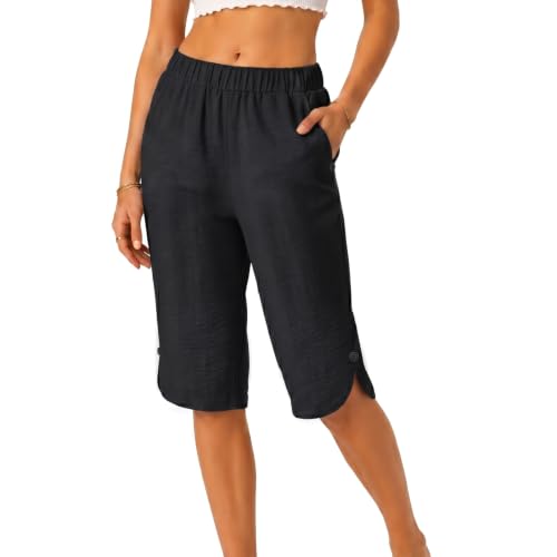 Image of TALALAAZM Womens Summer Culottes Lightweight Elastic Waist Button Hem Cropped Capri Trousers for Beach Casual Daily Outfits Black
