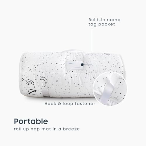 Wake In Cloud - Nap Mat with Removable Pillow for Kids Toddler Boys Girls Daycare Preschool Kindergarten Sleeping Bag, Space Stars Rockets on White, 100% Cotton with Microfiber Fill (55"x20")