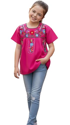 Image of YZXDORWJ Mexican Blouse for Girls Traditional Embroidered Summer Short Sleeve Peasant Blouse for Kids