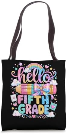 Hello Fifth Grade Rainbow Pencil Bow Back to School Girls Tote Bag image 5