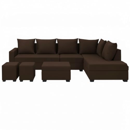 Image of FURNY Gloria 8 Seater Fabric RHS L Shape Sofa Set with 1 Centre Table & 2 Puffy (Dark Brown) | Premium Velvet Finish | Ideal of Living Room