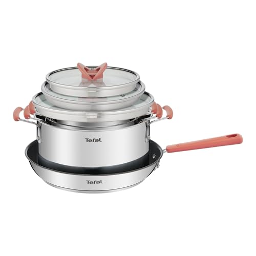 Jogo de Panelas Inox Tefal Opti’Space 4 Peças – Fundo Triplo para Indução, Frigideira Antiaderente com Thermo-Sinal, Caçarolas com Medidas Internas e Design Empilhável