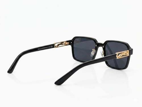 Image of Rimless Rectangle Sunglasses, Black Lenses with Gold Panther Detail, Stylish Unisex Eyewear