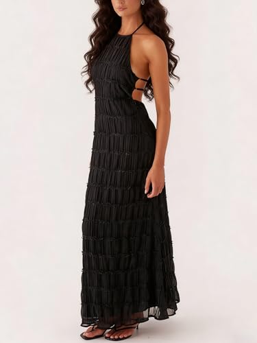 Image of Yiulangde Women's Backless Smocked Maxi Dress Sexy Spaghetti Strap Cut Out Flowy Beach Long Dress Vacation Casual Sundresses