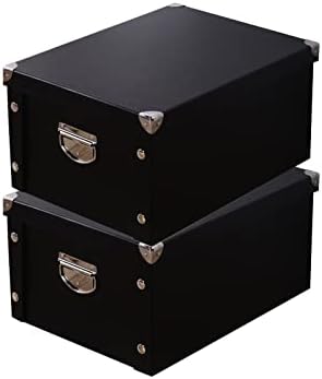 GUOZI Collapsible Storage Box, Decorative Memory Box with Lid & Metal Reinforced Corners, Cardboard File Bin with Handles, Organizer Gift Box for Keepsake Toy Photos Office Nursery Wardrobe Bookshelf (2Pcs-Black, 35*25*17.5cm)