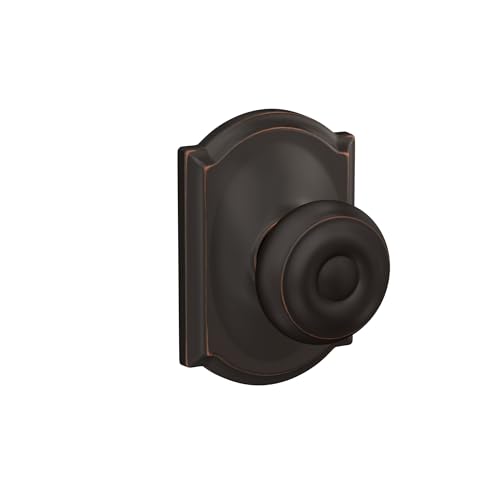 Image of Schlage F10 GEO 716 CAM Georgian Door Knob with Camelot Trim, Hall & Closet Passage Lock, Aged Bronze