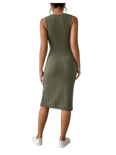GORGLITTER Women's Square Neck Ribbed Pencil Short Dress Bodycon Side Slit Sleeveless Party Midi Tank Dresses Army Green Petite M - Image 2