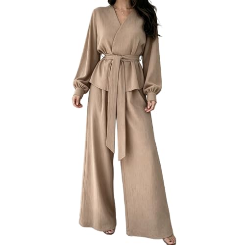 2 Piece - V Neck Self Tie Waist Top and High Waist Wide Leg Pants Set