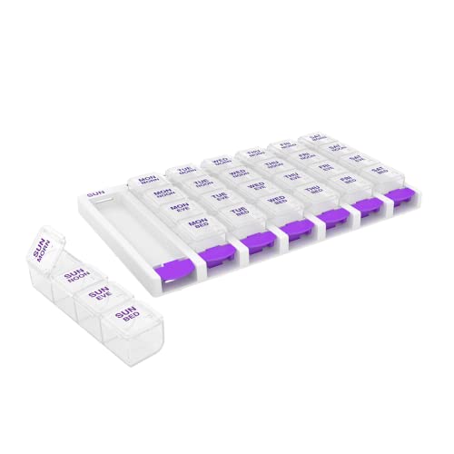 Image of Ezy Dose Push Button Weekly 7-Day, 4X Per Day Pill Organizer, Purple, Large | Weekly Pill Case, Medicine Planner, Daily Vitamin Organizer, 4 Times a Day, Arthritis Friendly Push Button Lids, BPA Free