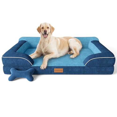 Image of CWAWZ Jumbo Dog Bed for Extra Large Dogs, Orthopedic Dog Bed with Cooling Gel Memory Foam, Waterproof Pet Bed with Removable Washable Cover, 45 inch Pet Sofa Couch Dutch Velvet with Bone Toy, Navy Blue