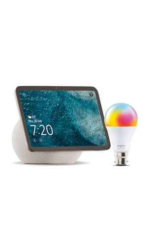 Image of Amazon Echo Show 8 (newest model), vibrant 8.7 inch HD display with spatial audio & Alexa, new sleek design, Glacier White, combo with wipro 12W smart bulb