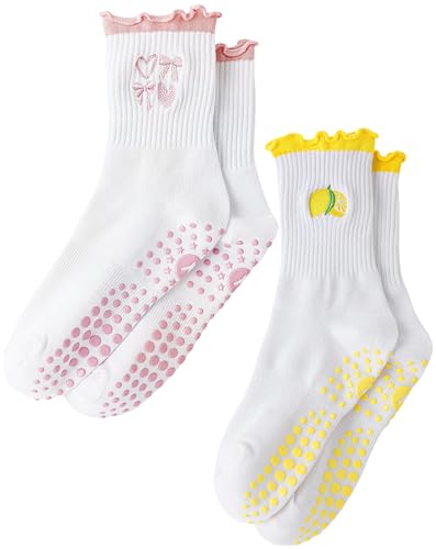 Image of Yawlsow Cute Pilates Grip Socks for Women Ruffle Frilly Yoga Socks Non Slip Cotton Crew Grippy Sock for Barre Workout