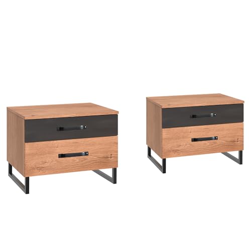 Lomadox Schlafzimmer Set 5-TLG. mit Bett 160x200, Schwebetürenschrank 200cm, Kommode, 2 Nachttische in Eiche mit Stahl Nb., Industrial Design – Bild 8