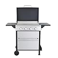 4-Burner Propane Gas BBQ Grill, Outdoor Barbecue 49200BTU Output with Wire Enamel Cooking Grids and SS Plancha for Foldable Side Table, Hanging Basket, Stainless Steel