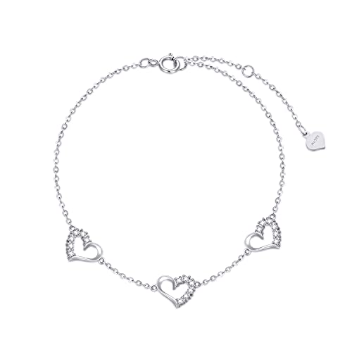 SISGEM Real 10k Gold Three Heart Bracelet for Women, 10 kt Gold Cubic Zirconia Love Wrist Jewelry Gifts for Sister/Wife/Girlfriend, Present for Her, 6.8-8.4 Inch