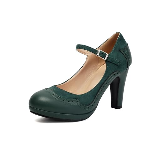 Women's Mary Jane Wingtip Classic and Retro 1920s Pump Heels Oxford Pattern Vintage Round Closed Toe 1950s Ankle Strap Dress Shoes