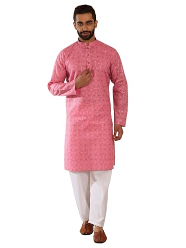 Image of KRAFT INDIA Men's Cotton Blend Geometric Printed Straight Long Regular Kurta and Elastic Waistband Pyjama Set